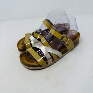 Sanosan Sandals Tan Gold Silver Metallic Straps Cork Footbed Buckle Size 38 Boho